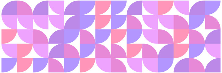 Seamless geometric pattern with pink, purple and violet semicircles on white background for textile and surface design.