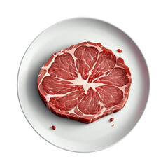 Sliced beef on a white plate, transparent background.