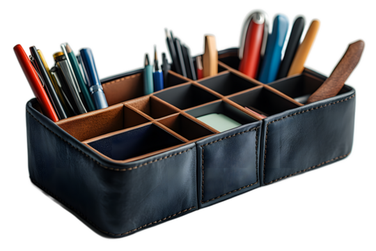 Modern desk organizer with compartments on isolated background, ultra realistic rendering of office equipment for home office setups and professional aesthetics