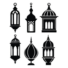 a vector silhouette illustration of six different traditional lanterns, in a black and white style