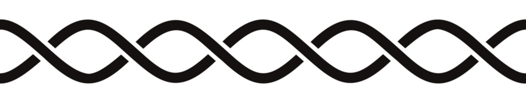 Interwined black lines braid border on white background. Straight interlaced rope.
