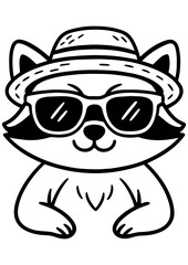 Fototapeta premium Black and white vector of a raccoon in sunglasses and a straw hat. Perfect for engraving, children’s books, and creative design projects