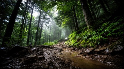Naklejka premium Muddy forest path with lush green vegetation, tall trees, rocks, puddles, and sun-dappled misty interior