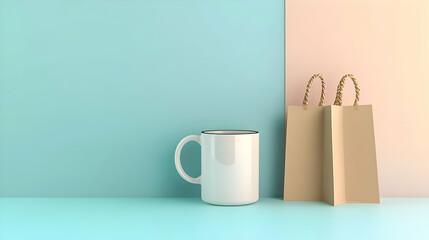 Pastel Background With White Mug And Shopping Bag