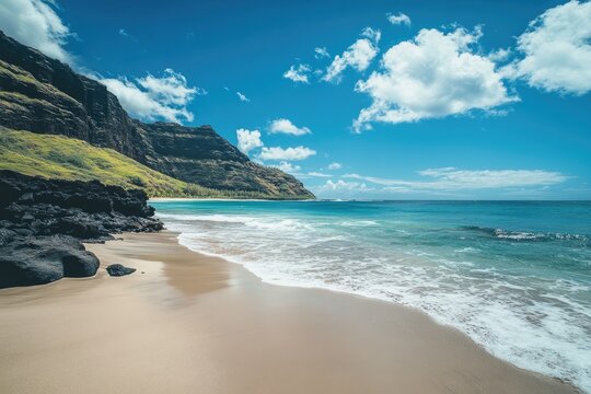 Tropical beach with turquoise water and dramatic cliffs. Sunny day with white sand and rolling waves