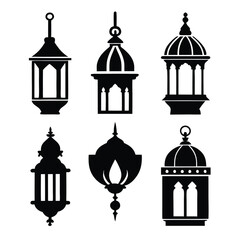a vector silhouette illustration of six different traditional lanterns, in a black and white style