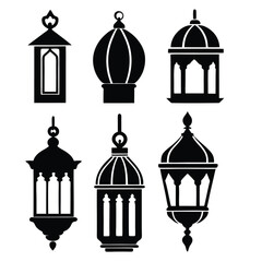 a vector silhouette illustration of six different traditional lanterns, in a black and white style