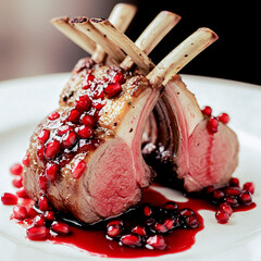 A perfectly roasted rack of lamb with herbs, plated on a rustic wooden table.