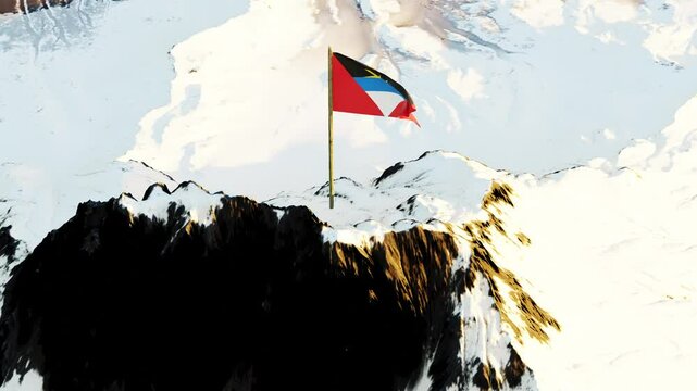 Dynamic 3D animation showcasing Antigua and Barbuda's flag with black, blue, and white bands and a golden sun with seven rays, fluttering atop a snowy mountain summit, embodying national pride and str