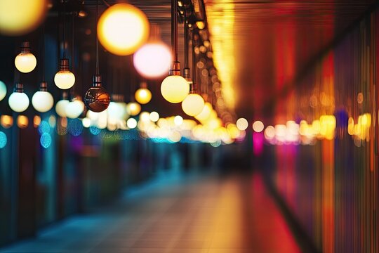 Colorful illuminated pathway with hanging lights.  Blurred, vibrant, and inviting