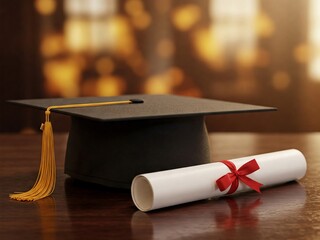 Graduation cap and diploma on wooden table