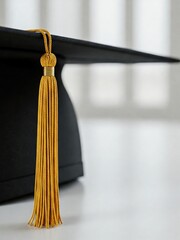 Academic achievement concept, golden graduation tassel in focus