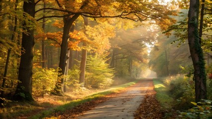 Obraz premium Beautiful autumn forest road landscape with golden leaves and sunlight nature photography image stock 
