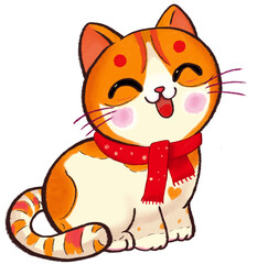 Cute winking cartoon cat with orange fur - hand drawn vector illustration on transparent background