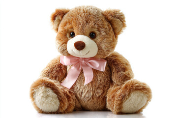 Obraz premium Soft teddy bear with pink bow sitting comfortably on a white background during daylight