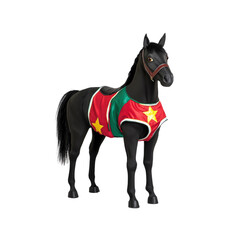 Black Horse Wearing a Red and Green Racing Silk