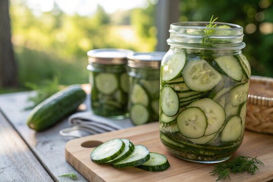 pickled cucumbers in glass jar