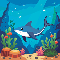 Obraz premium Cute shark in an underwater scene.