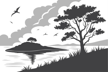 63 Silhouette island, black and white landscape, reflective water, calm sea, dramatic clouds, flying birds, lone trees, minimalist artwork, monochromatic illustration, serene atmosphere, nature scene,