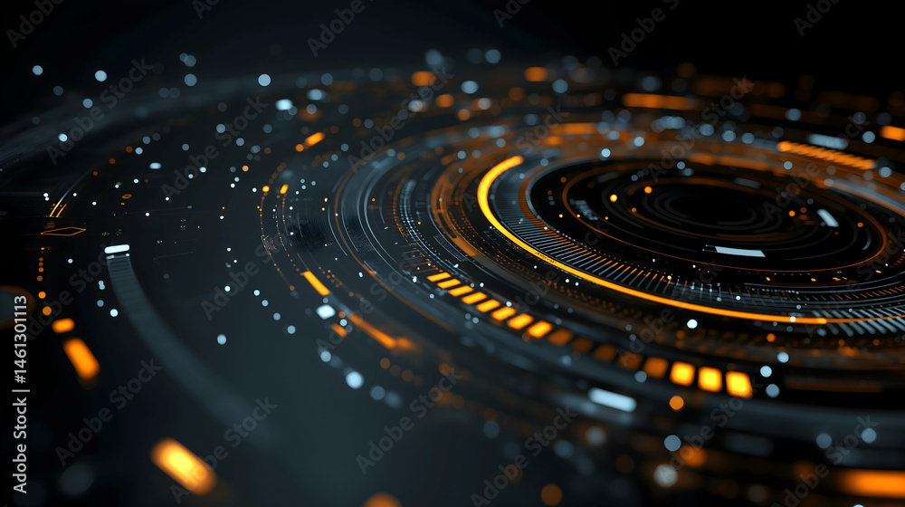 Poster futuristic digital interface with glowing orange and white circular data patterns on a dark backgrou