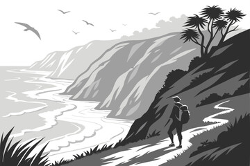 64 Black and white illustration, coastal landscape, dramatic cliffs, winding path, lone hiker with backpack, ocean waves, flying seagulls, stylized vegetation, high contrast, woodcut style, minimalist