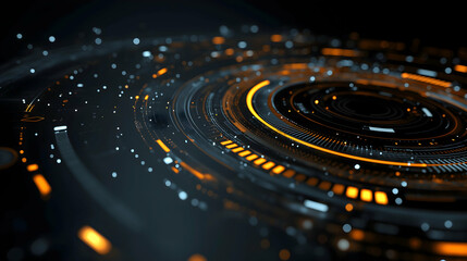 Futuristic digital interface with glowing orange and white circular data patterns on a dark background.