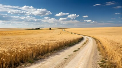 Explore the golden wheat field landscape with dirt road and blue sky scenic rural countryside view image