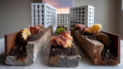 Artistic miniature cityscape with industrial elements and rocky terrain, construction model scene with buildings and gears