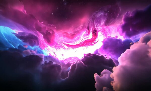 Vibrant cosmic nebula, swirling pink and blue cloudscape, ethereal fantasy landscape, digital art.