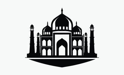 taj mahal silhouette, black and white, indian monument vector, famous landmark illustration, simple architectural design