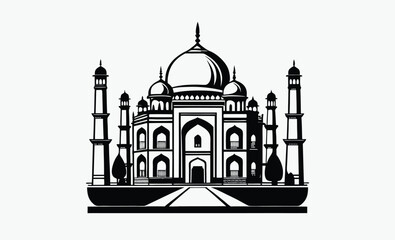 taj mahal silhouette, black and white, indian monument vector, famous landmark illustration, simple architectural design