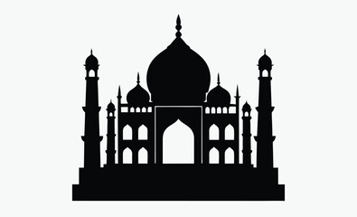 taj mahal silhouette, black and white, indian monument vector, famous landmark illustration, simple architectural design