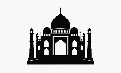 taj mahal silhouette, black and white, indian monument vector, famous landmark illustration, simple architectural design