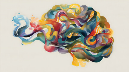 A vibrant, abstract illustration of a human brain formed by swirling, colorful paint strokes on a light background.