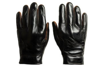 Transparent background image of a pair of leather gloves, highly detailed rendering for fashion design, graphics about cold weather preparedness and visual themes of resilience, crystal clear finish
