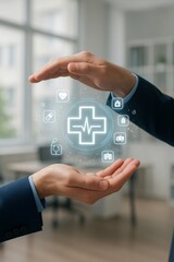 Digital Healthcare Protection Hands Holding Medical Cross Icon Innovative Technology Concept Modern Medicine Virtual Care Online Doctor Appointment Health Insurance Wellness Support Global Healthcare 