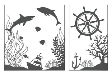 65 Underwater silhouette scenes, black and white aquarium illustrations, marine life silhouettes, coral reef shadows, seaweed and algae patterns, ocean floor landscapes, tropical fish outlines, shark 