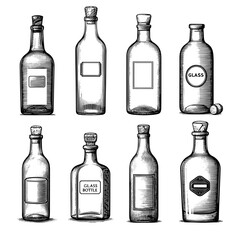 Glass Bottles in Hand-Drawn Style, Black and White, for Vintage Packaging or Decor