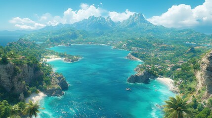 Obraz premium Turquoise water meets lush islands under a bright blue sky, paradise