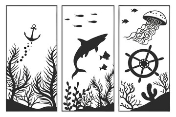 65 Underwater silhouette scenes, black and white aquarium illustrations, marine life silhouettes, coral reef shadows, seaweed and algae patterns, ocean floor landscapes, tropical fish outlines, shark  © Md Ruhul Amin