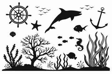 65 Underwater silhouette scenes, black and white aquarium illustrations, marine life silhouettes, coral reef shadows, seaweed and algae patterns, ocean floor landscapes, tropical fish outlines, shark 