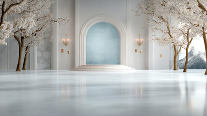 Ethereal White Interior with Surreal Winter Trees and Archway interior surreal ethereal white trees