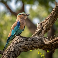 Fototapeta premium Indian Roller Bird Perched on a Weathered Tree Branch in Natural Sunlight