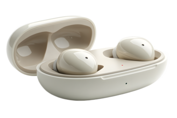 Cut out true wireless earbuds with open case, high quality image for electronics retail, tech blogs and visuals representing convenience or mobility, intricate details and crystal clear finish
