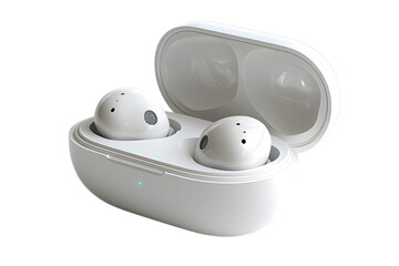True wireless earbuds with open case on transparent background, sharp focus image for tech presentations, educational materials on audio streaming and product showcase, intricate details visible