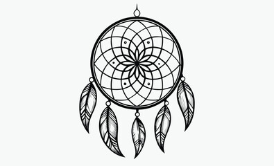 Fototapeta premium Dreamcatcher silhouette, native american icon, boho style dreamcatcher, tribal symbol vector, simple black illustration