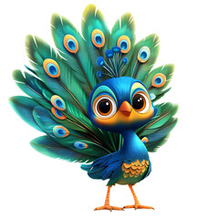 Cartoon Peacock Fanning Its Tail Feathers Iridescent Isolated on Transparent Background