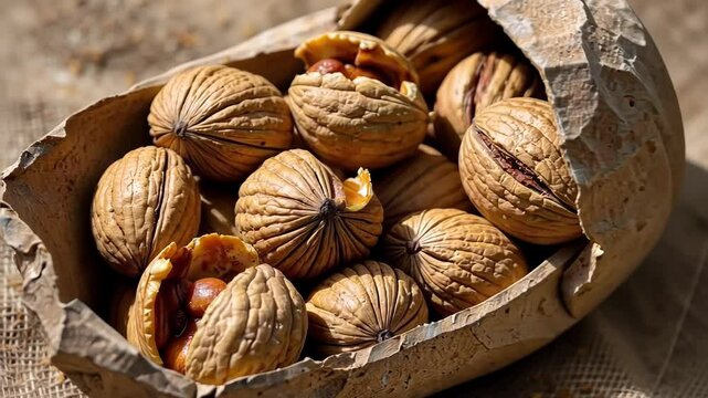 Nuts in a shell resting on burlap background  