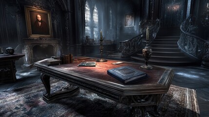 Intricate gothic study room interior scene.