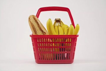 Red shopping basket with bananas and bread